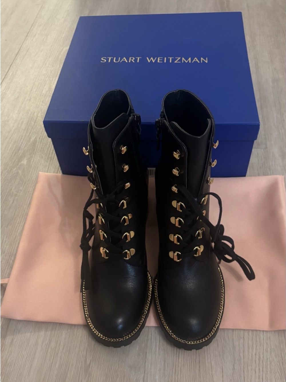 Stuart Weitzman Black Leather Lace-Up Combat Boots with Gold Chain Trim
